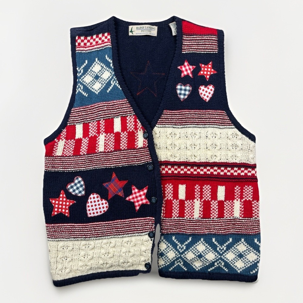 Vintage Marsh Landing Sweater Vest Womens PM Multicolor Cotton Patriotic Knit